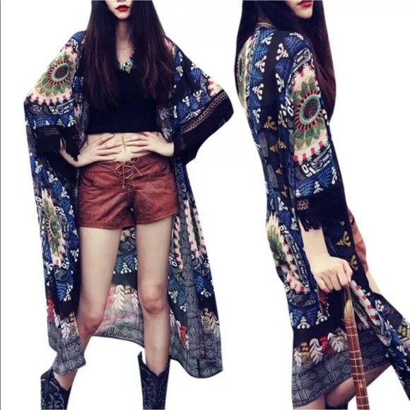 BoHo chiffon black and multicolored kimomo top - Picture 2 of 5